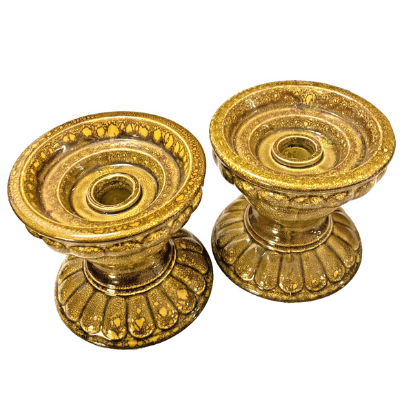 VTG Mid Century Candle Holder Pair Taper Pillar Pottery Ceramic Mottled Green - Picture 9 of 9